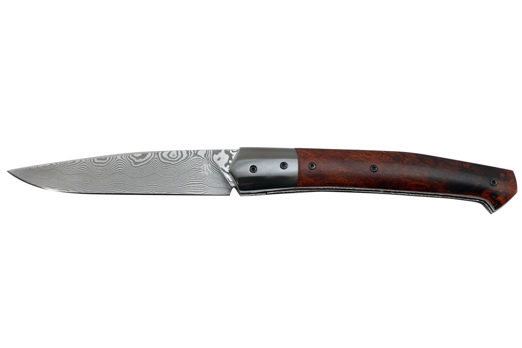 Couteau pliant artisanal Yorick Stoupy modèle Sacre - damas bois de fer