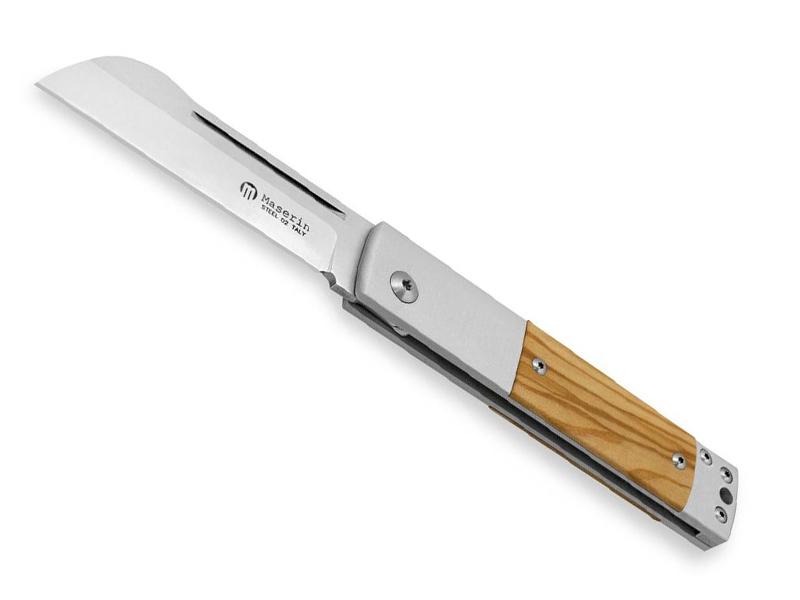 Couteau pliant  Maserin In-Estro - manche 10,5 cm aluminium gris avec plaquettes olivier