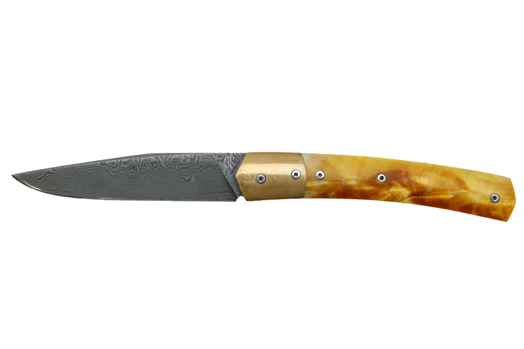Couteau pliant artisanal Yorick Stoupy modèle Arbane damas - fourche de peuplier