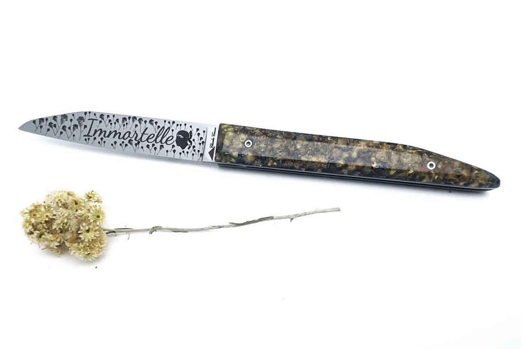 Couteau pliant par Charles Canon manche en Fleurs d'immortelles  "Le Terril"
