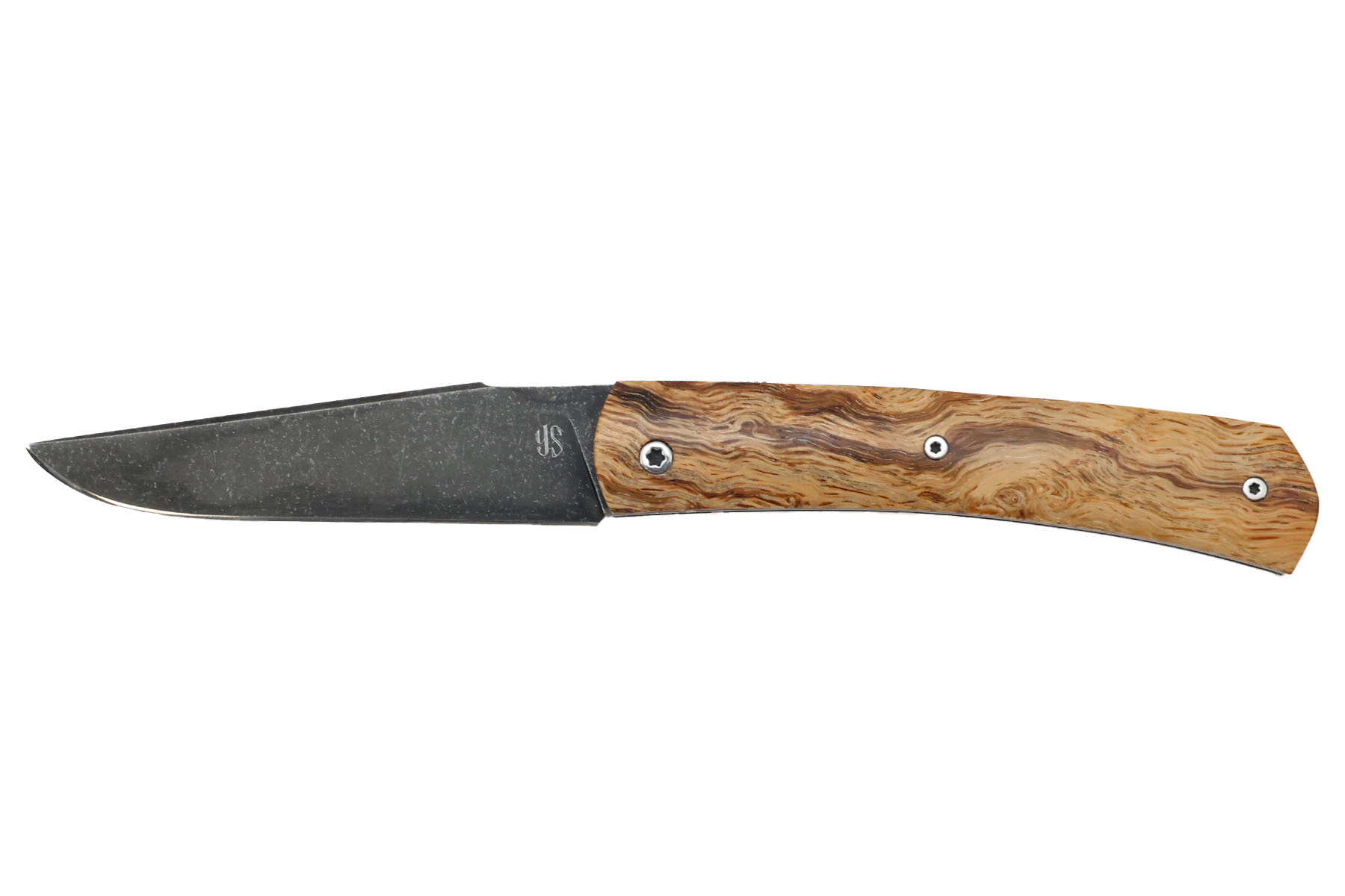 Couteau à friction artisanal Yorick Stoupy - loupe de chêne ondé stabilisé