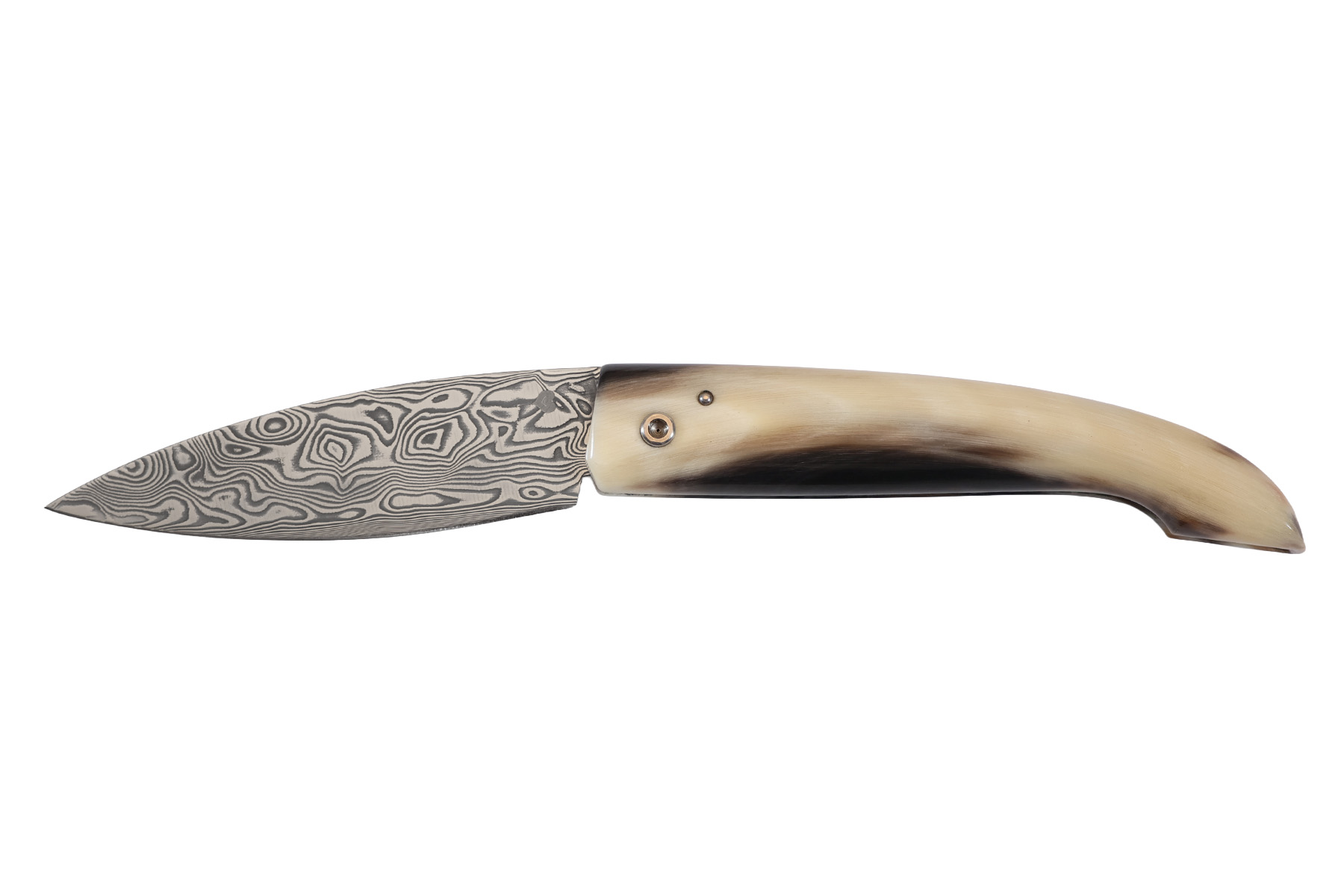 Couteau l'Ariégeois corne blonde Damasteel par la coutellerie Savignac