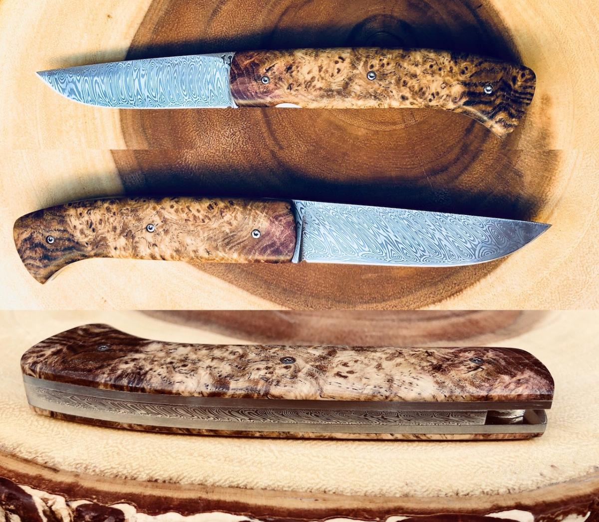 COUTEAU PLIANT ARTISANAL DE JOEL GRANDJEAN LOUPE DE HÊTRE - DAMAS