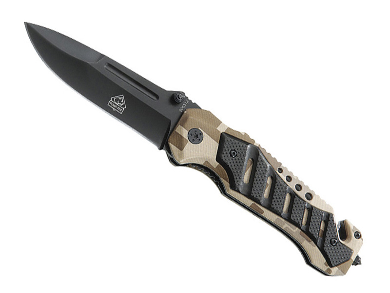 Couteau Puma Tec, lame noire et manche 12 cm aluminium camouflé
