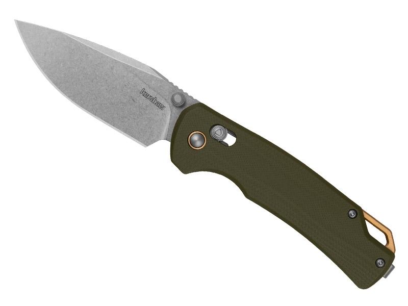 Couteau Kershaw Proximal - manche 11 cm G10 vert olive avec entretoise aluminium anodisé doré