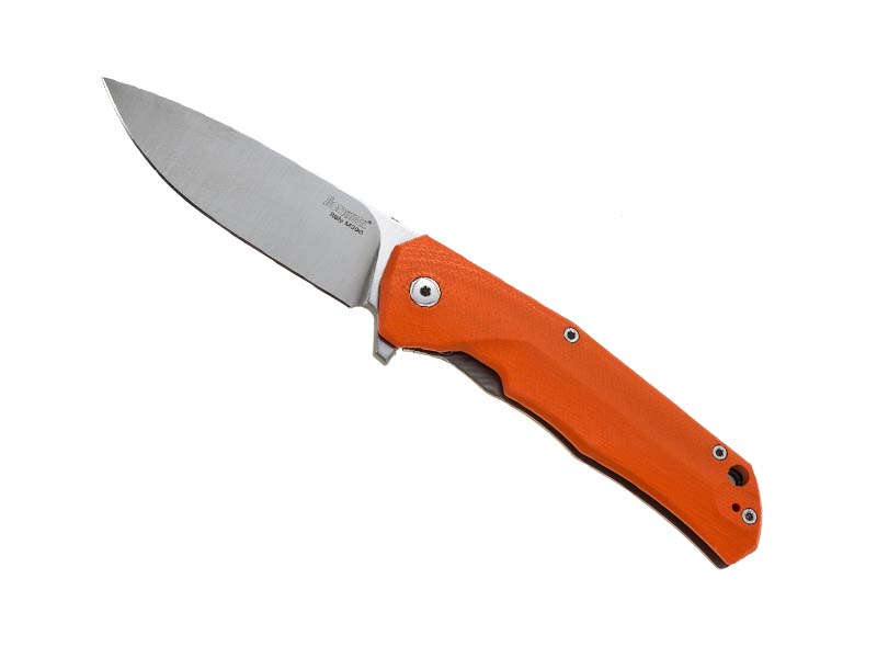 Couteau pliant Lionsteel TRE - manche G10 orange au recto / titanium gris au verso