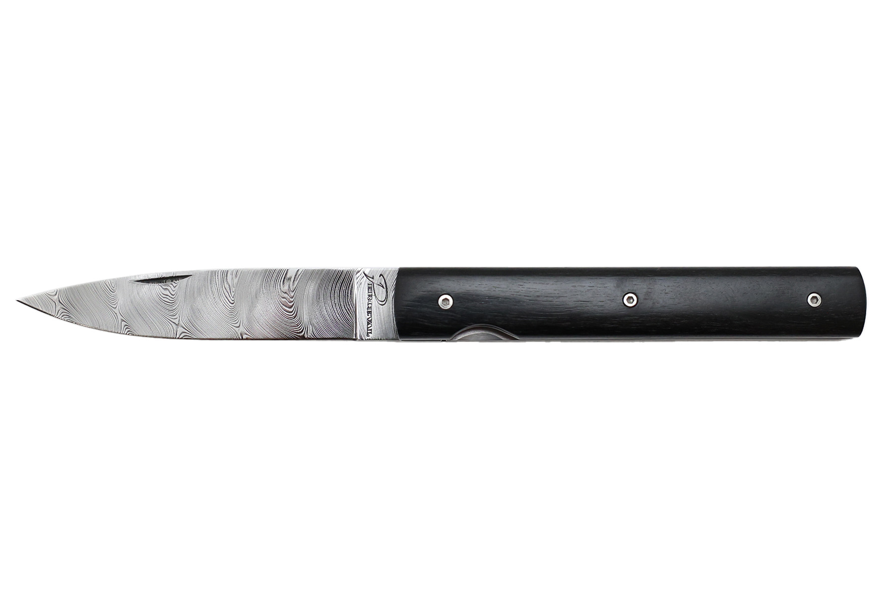 Couteau pliant par l'Atelier Perceval "Le Français" en ébène du gabon avec lame damas