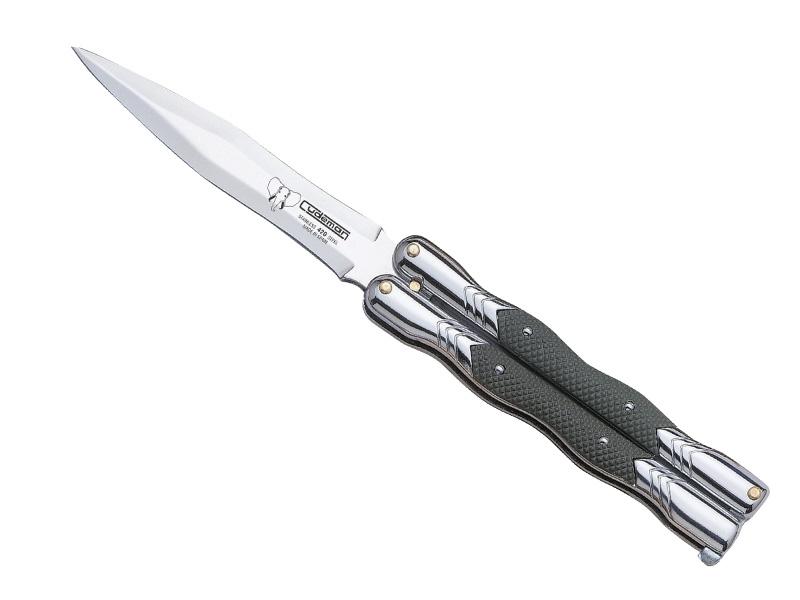 Couteau papillon CUDEMAN - manche 12,5 cm chromé/plaquettes nylon vert