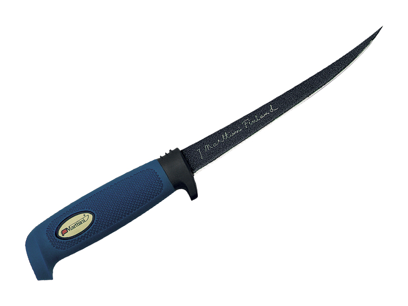 Poignard Marttiini, lame à filets flexible 18 cm - manche gomme bleu