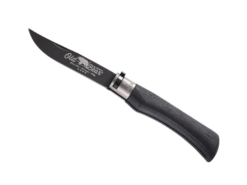 Couteau pliant Old Bear virole grise Total black taille XL - manche 13 cm bois d'ayous stratifié noir