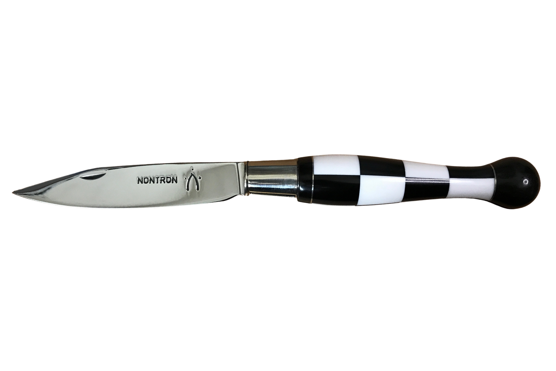 Couteau Nontron N° 25 - manche boule 12 cm marqueterie damier ébène/corian blanc et noir