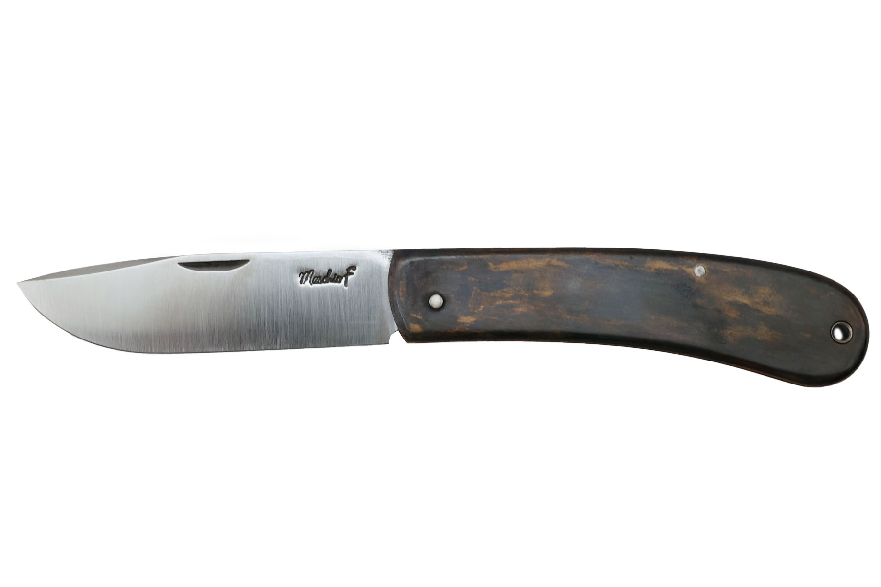 Couteau artisanal "le Cran carré" de Fréderic Maschio - laiton patiné foncé