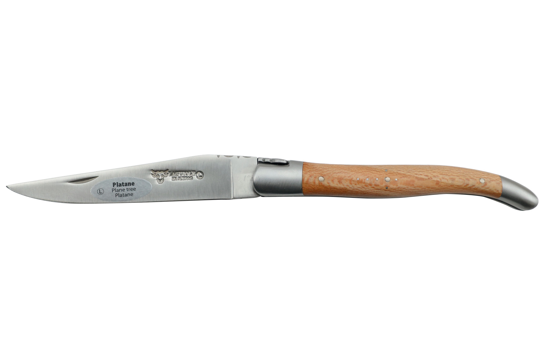 Couteau pliant Laguiole en Aubrac 12 cm - double mitres manche en platane - Ressort forgé