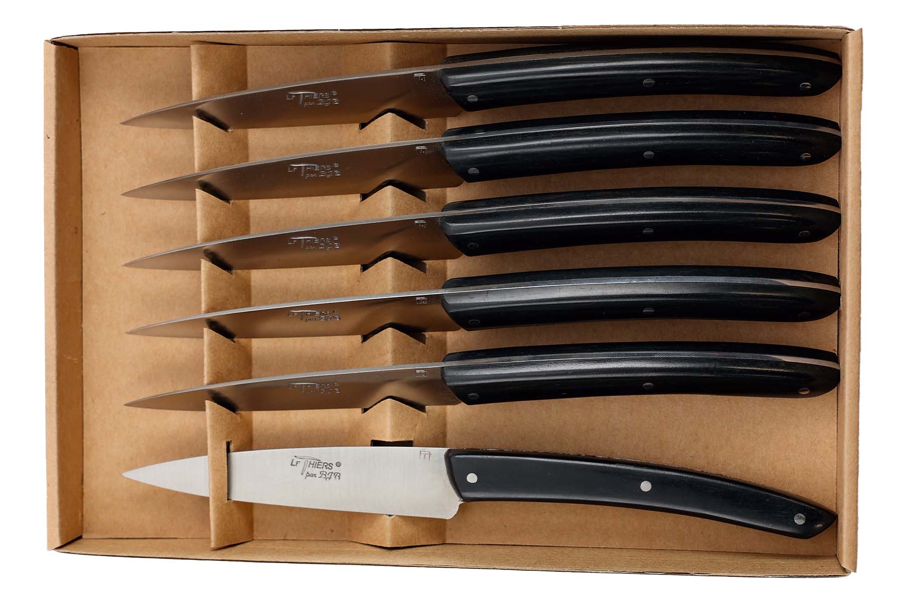 BJB - Coffret de 6 couteaux de table "campagne" Thiers forme office BJB satiné Ebéne