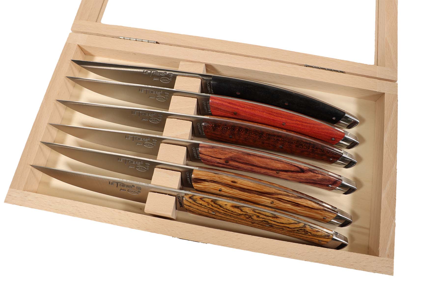 Coffret bois vitré de 6 couteaux Le Thiers par Locau  -Le Tablior 23 cm Bois foncés Assortis