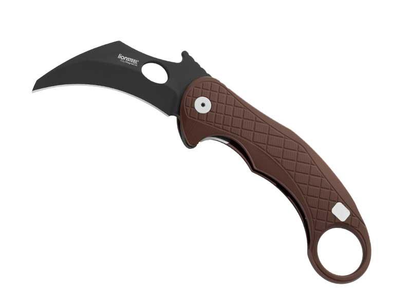 Couteau pliant Lionsteel Karambit -lame noire - manche 13 cm aluminium marron